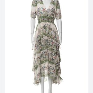 Maje Cream Floral Tiered High-Low Dress with Green & Blue Print